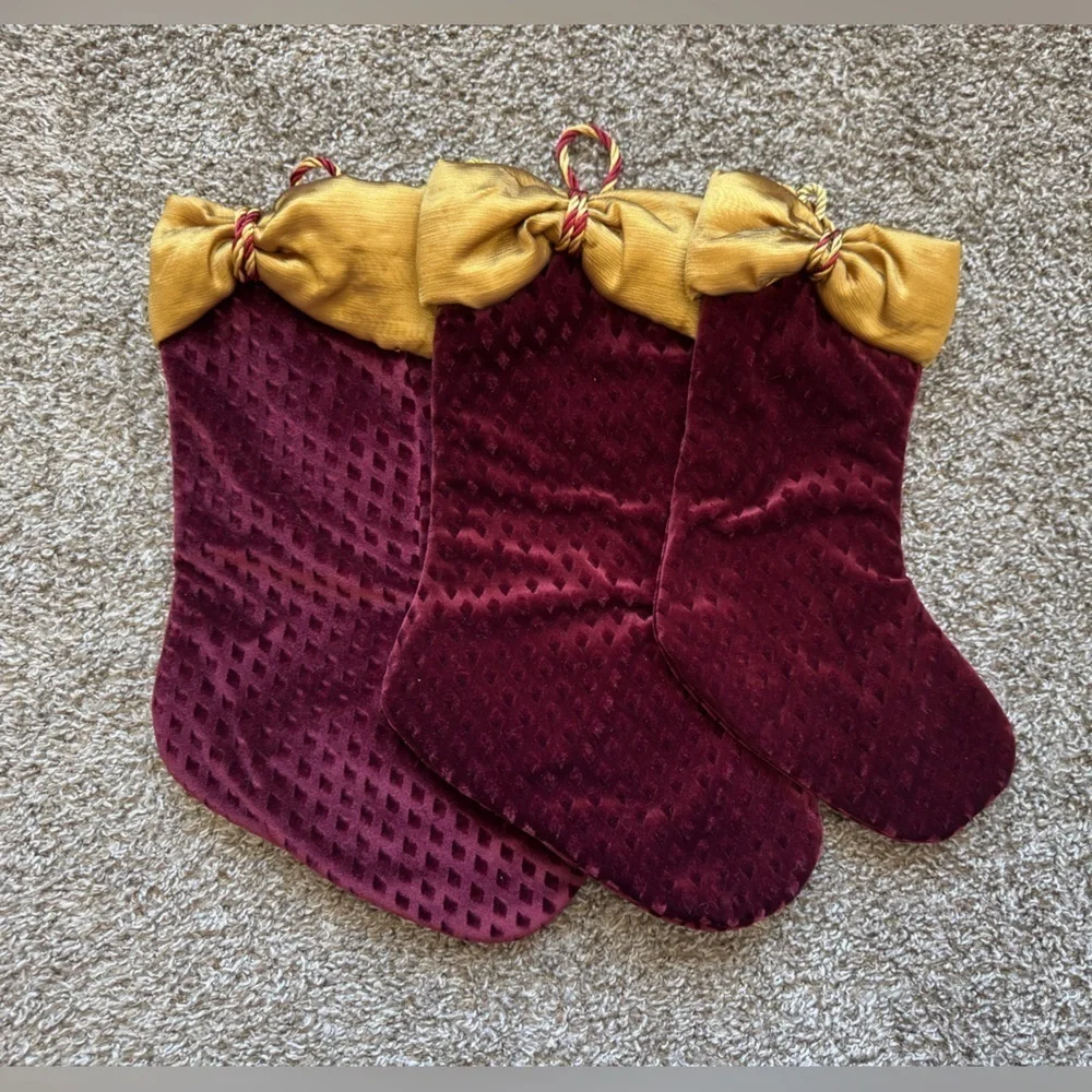 3 Russ Velvet Christmas Stocking Set Luxe Tassels Cording Gold and Burgundy